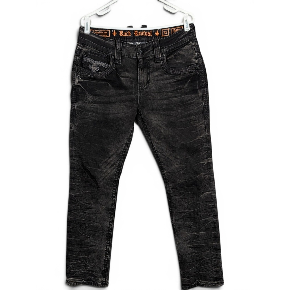 Rock Revival Jeans Men's 32x32 Black Bolton Straight Black Embroidered